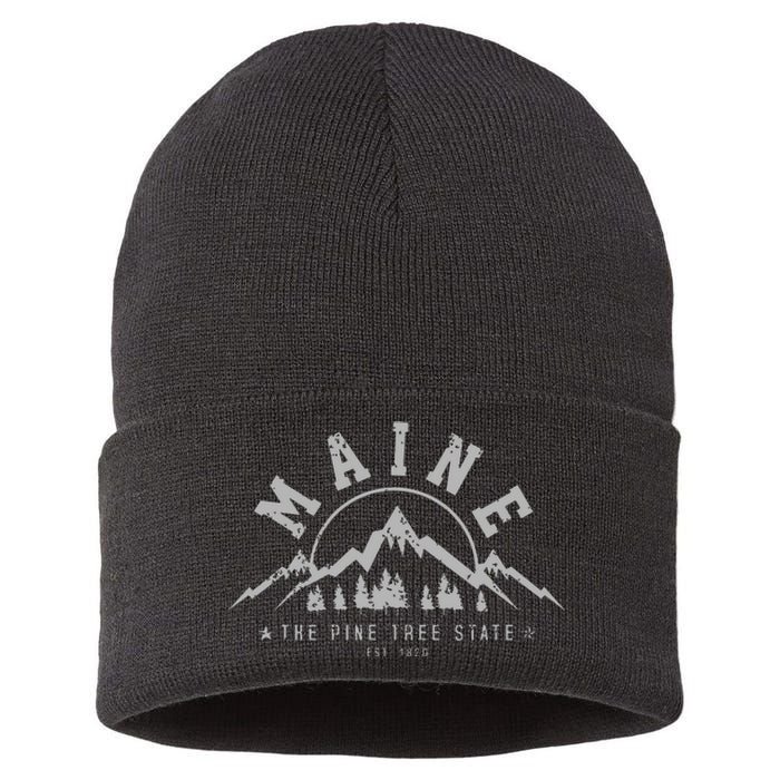 Maine The Pine Tree State Est 1820 Vintage Mountains Sustainable Knit Beanie