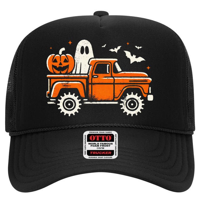 Monster Truck Pumpkin Ghost Halloween Gift High Crown Mesh Back Trucker Hat