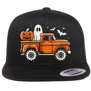 Monster Truck Pumpkin Ghost Halloween Gift Flat Bill Trucker Hat