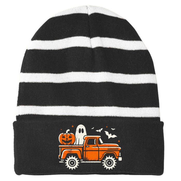 Monster Truck Pumpkin Ghost Halloween Gift Striped Beanie with Solid Band