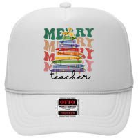 Merry Teacher Pencils Christmas Tree High Crown Mesh Back Trucker Hat