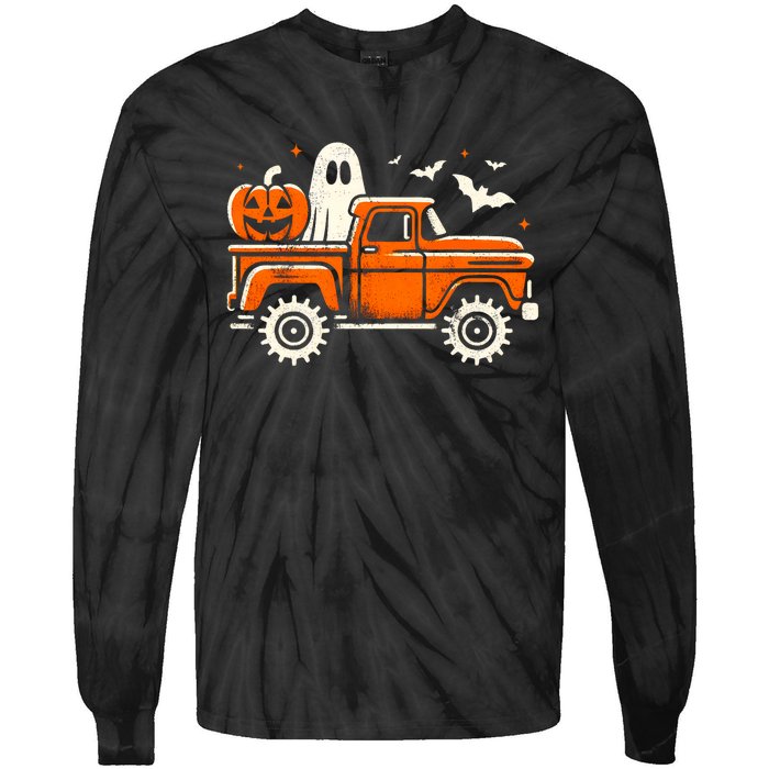 Monster Truck Pumpkin Ghost Halloween Tie-Dye Long Sleeve Shirt