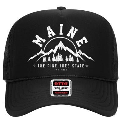 Maine The Pine Tree State Est. 1820 Vintage Mountains High Crown Mesh Back Trucker Hat