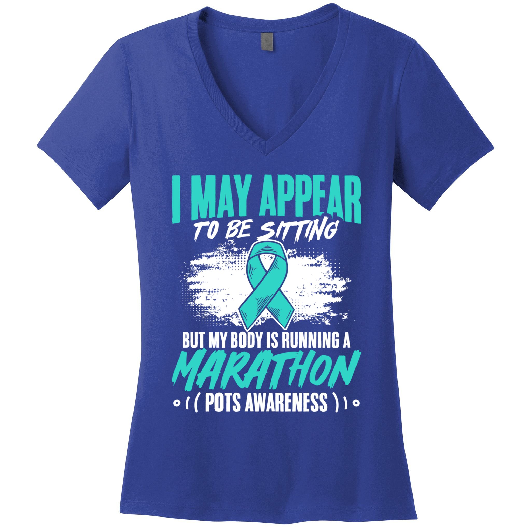 Marathon Turquoise Pots Awareness Dysautonomia Awareness Cool Gift Women's V-Neck T-Shirt