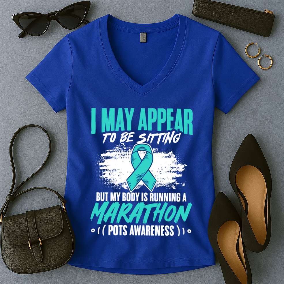 Marathon Turquoise Pots Awareness Dysautonomia Awareness Cool Gift Women's V-Neck T-Shirt
