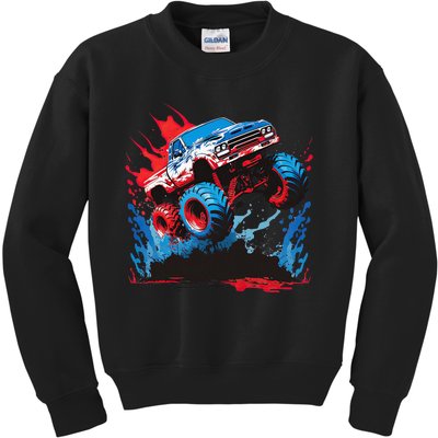 Monster Truck Red White and Blue USA Colors Kids Sweatshirt