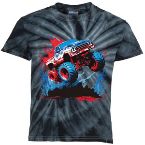 Monster Truck Red White and Blue USA Colors Kids Tie-Dye T-Shirt