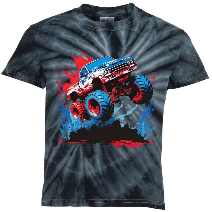 Monster Truck Red White and Blue USA Colors Kids Tie-Dye T-Shirt