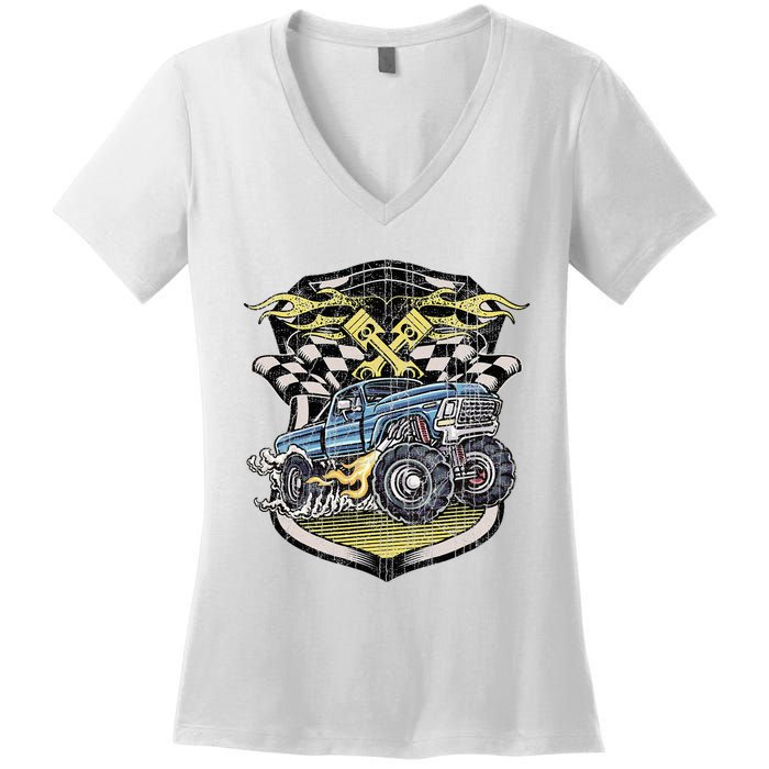 Monster Truck Retro Distressed Vintage Monster Truck Women's V-Neck T-Shirt