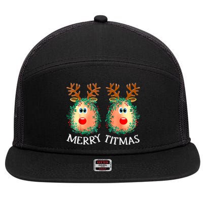 Merry Titmas Reindeer Boobs Naughty Funny Ugly Christmas 7 Panel Mesh Trucker Snapback Hat