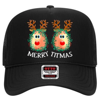 Merry Titmas Reindeer Boobs Naughty Funny Ugly Christmas High Crown Mesh Back Trucker Hat