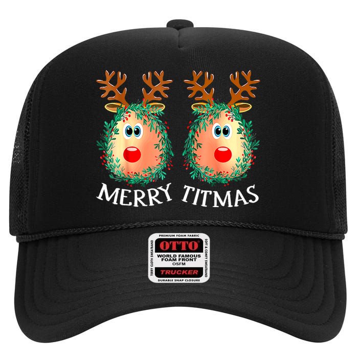 Merry Titmas Reindeer Boobs Naughty Funny Ugly Christmas High Crown Mesh Back Trucker Hat