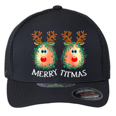 Merry Titmas Reindeer Boobs Naughty Funny Ugly Christmas Flexfit Unipanel Trucker Cap