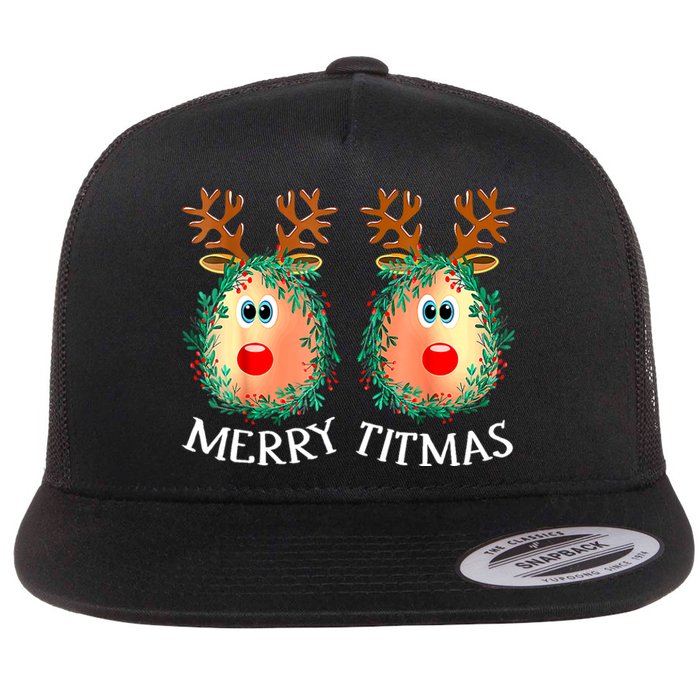 Merry Titmas Reindeer Boobs Naughty Funny Ugly Christmas Flat Bill Trucker Hat