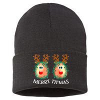 Merry Titmas Reindeer Boobs Naughty Funny Ugly Christmas Sustainable Knit Beanie