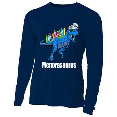 Menorasaurus T Rex Hanukkah Funny Dino Cooling Performance Long Sleeve Crew