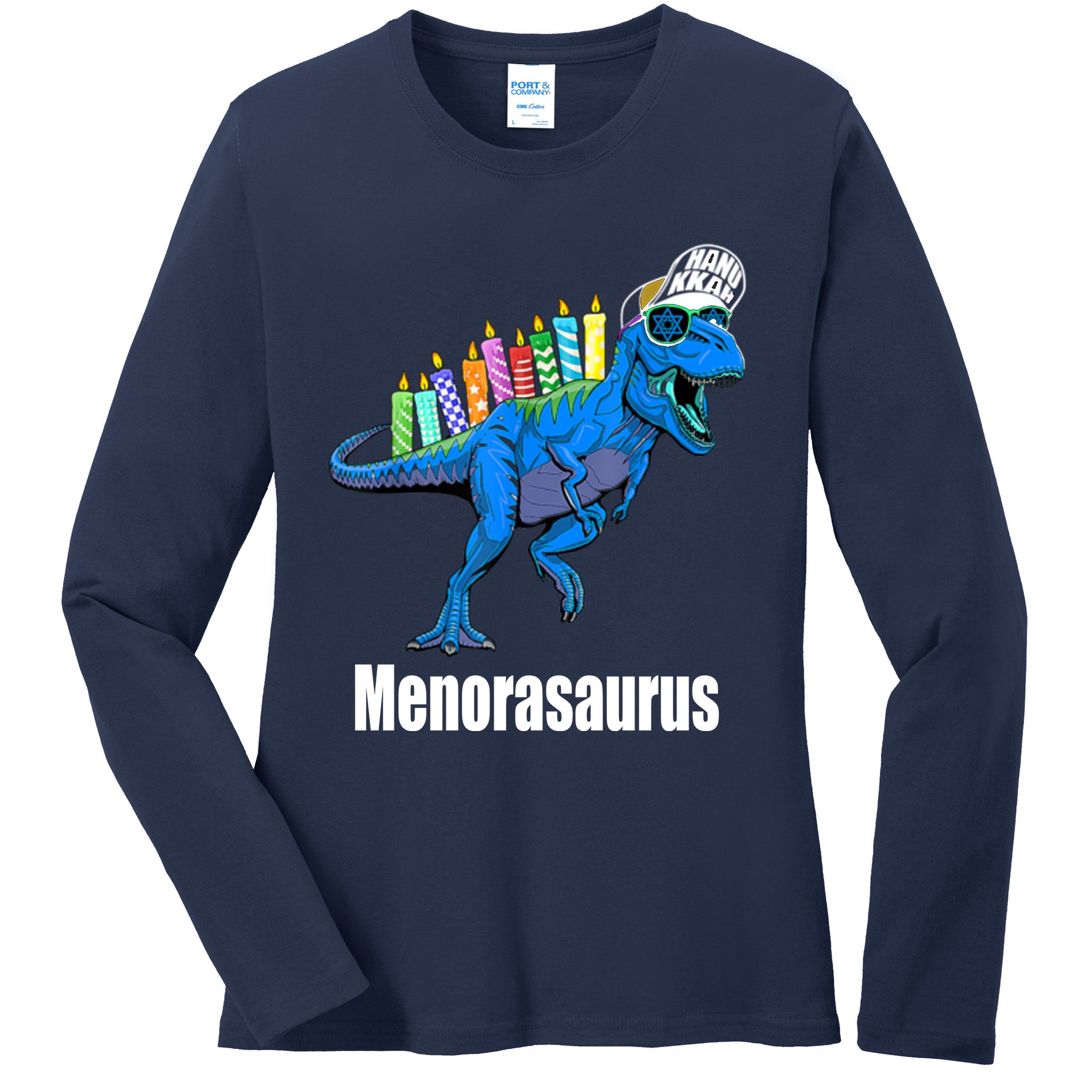 Menorasaurus T Rex Hanukkah Funny Dino Ladies Long Sleeve Shirt