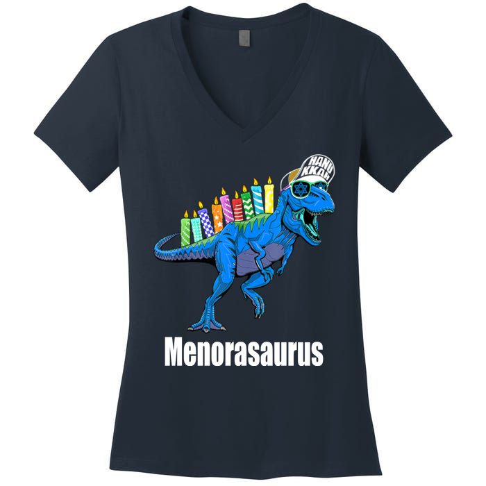 Menorasaurus T Rex Hanukkah Funny Dino Women's V-Neck T-Shirt