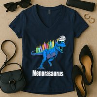 Menorasaurus T Rex Hanukkah Funny Dino Women's V-Neck T-Shirt