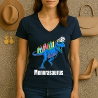 Menorasaurus T Rex Hanukkah Funny Dino Women's V-Neck T-Shirt
