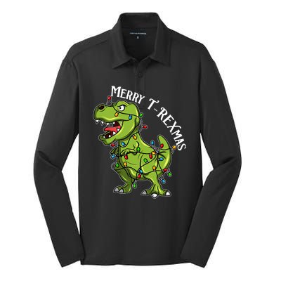 Merry T Rexmas Trex Christmas Silk Touch Performance Long Sleeve Polo