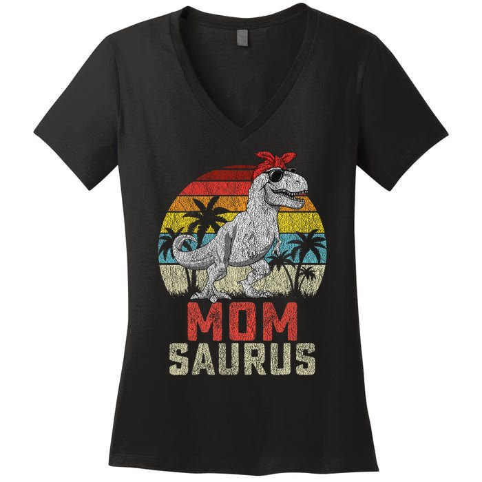 Momsaurus T Rex Dinosaur Mom Saurus MotherS Family Women's V-Neck T-Shirt