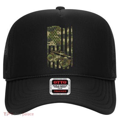 Monster Trucker Retro Monster Truck Usa Flag 4th July High Crown Mesh Back Trucker Hat