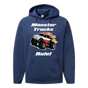 Monster Trucks Rule Gift With Fast Flame Great Gift Performance Fleece Hoodie