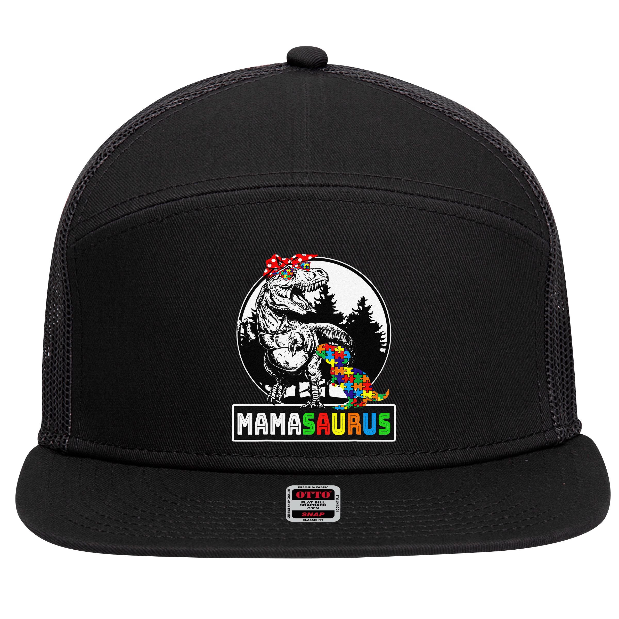 Mamasaurus T Rex Dinosaur Mama Saurus Autism Awareness 7 Panel Mesh Trucker Snapback Hat