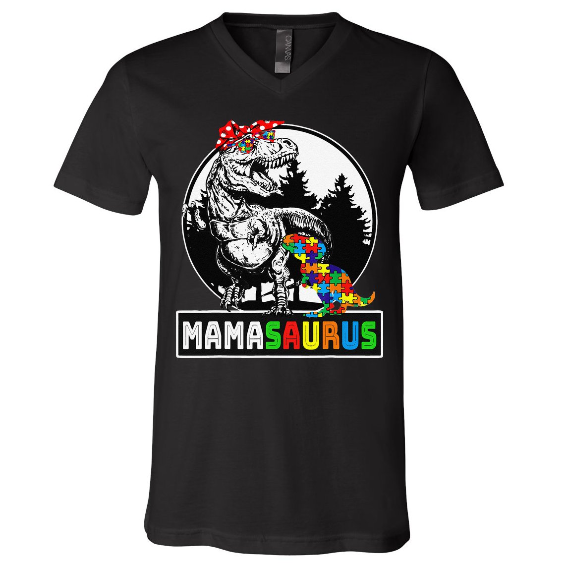 Mamasaurus T Rex Dinosaur Mama Saurus Autism Awareness V-Neck T-Shirt