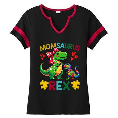 Momsaurus T Rex Dinosaur Mom Autism Awareness MotherS Day Gift Ladies Halftime Notch Neck Tee