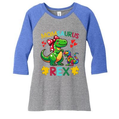 Momsaurus T Rex Dinosaur Mom Autism Awareness MotherS Day Gift Women's Tri-Blend 3/4-Sleeve Raglan Shirt