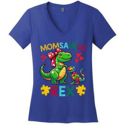 Momsaurus T Rex Dinosaur Mom Autism Awareness MotherS Day Gift Women's V-Neck T-Shirt