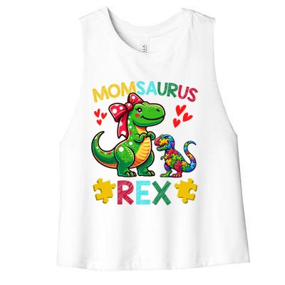 Momsaurus T Rex Dinosaur Mom Autism Awareness MotherS Day Gift Women's Racerback Cropped Tank