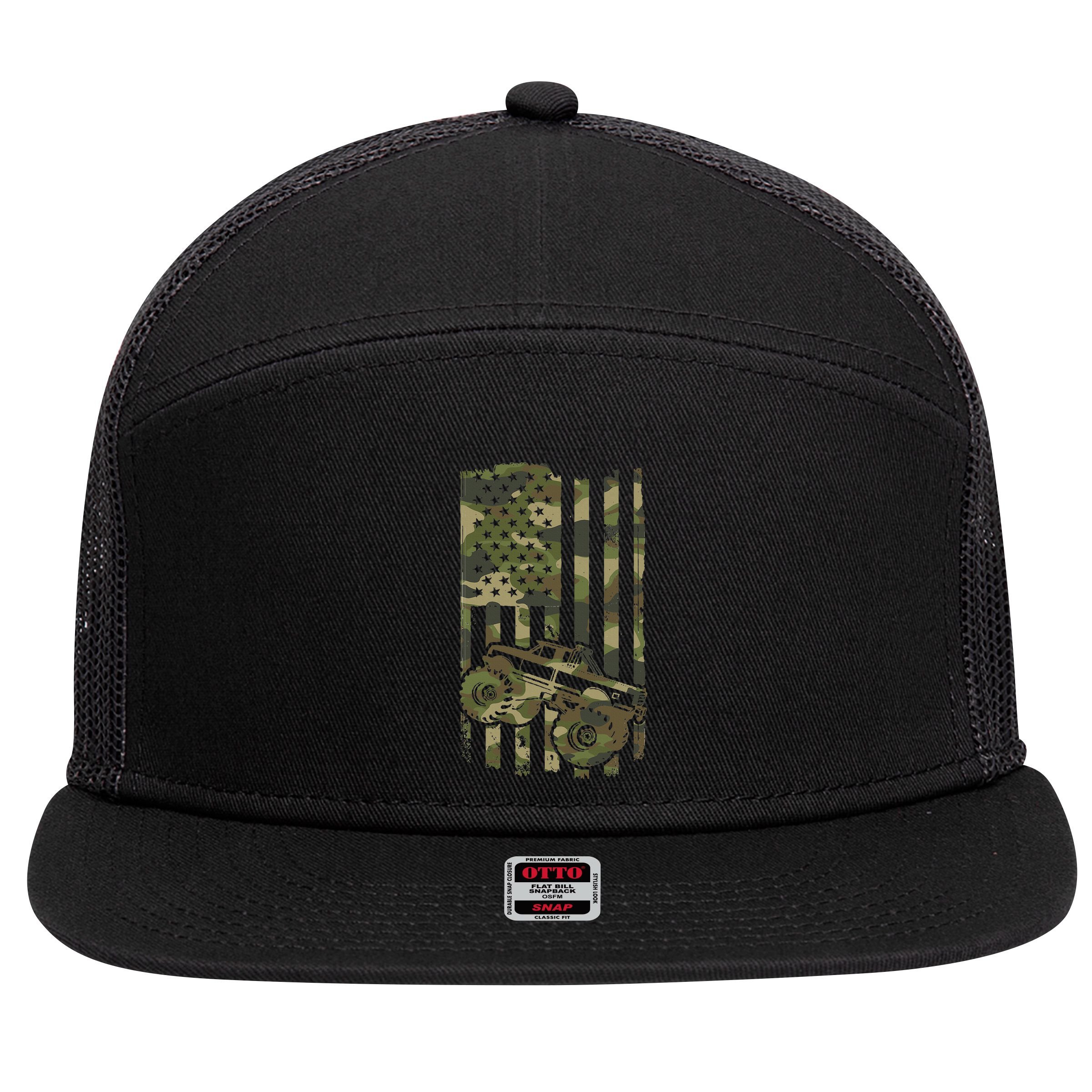 Monster Trucker Retro Monster Truck Usa Flag 4th July 7 Panel Mesh Trucker Snapback Hat