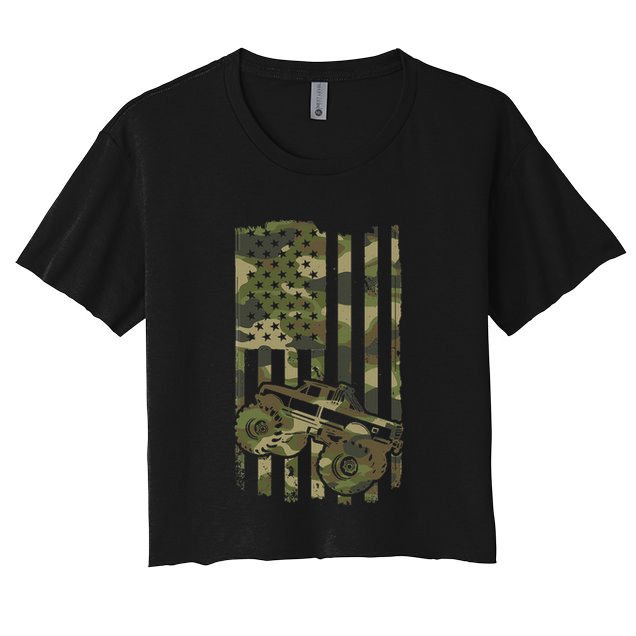 Monster Trucker Retro Monster Truck Usa Flag 4th July Crop Top