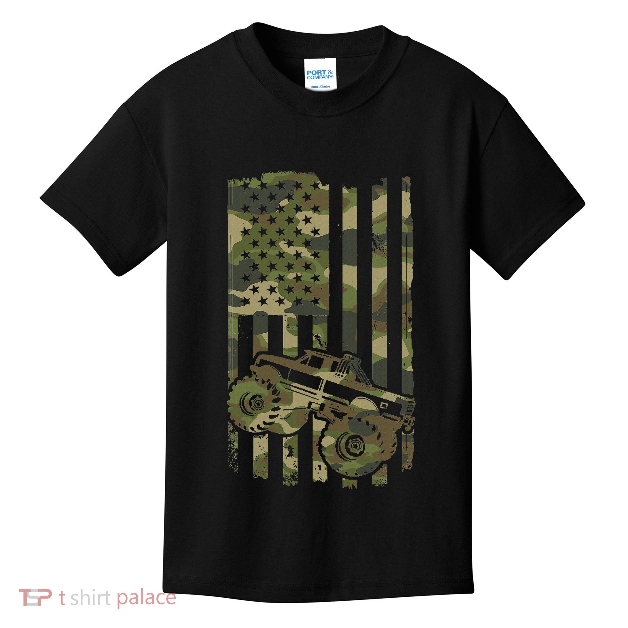 Monster Trucker Retro Monster Truck Usa Flag 4th July Kids T-Shirt