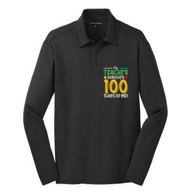 My Teacher Survived 100 Days Of Me Funny School Gift Silk Touch Performance Long Sleeve Polo