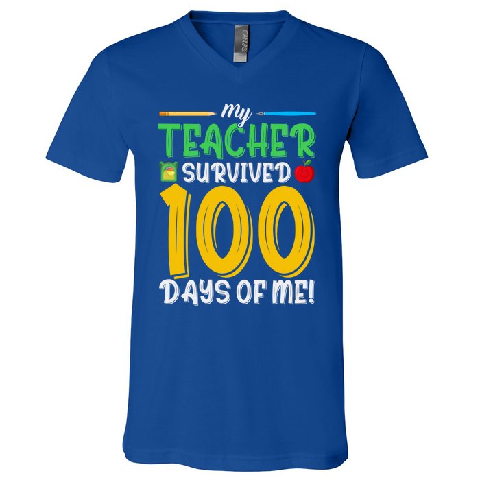 My Teacher Survived 100 Days Of Me Funny School Gift V-Neck T-Shirt