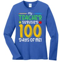 My Teacher Survived 100 Days Of Me Funny School Gift Ladies Long Sleeve Shirt