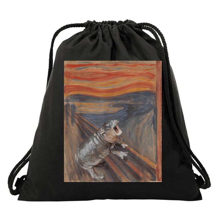 Moodeng The Scream Parody Funny Moodeng Art Baby Hippo Drawstring Bag