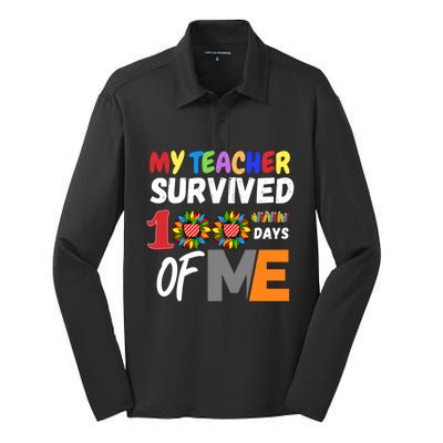 My Teacher Survived 100 Days Of Me Funny Students Gift Silk Touch Performance Long Sleeve Polo