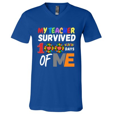 My Teacher Survived 100 Days Of Me Funny Students Gift V-Neck T-Shirt