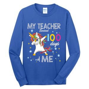 My Teacher Survived 100 Days Of Me 100th Day School Unicorn Cool Gift Tall Long Sleeve T-Shirt