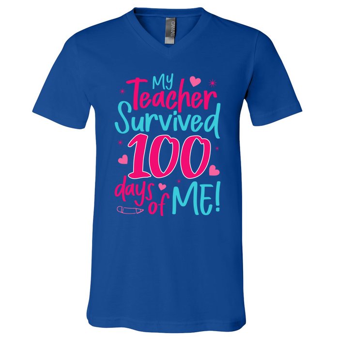 My Teacher Survived 100 Days Of Me Gift V-Neck T-Shirt