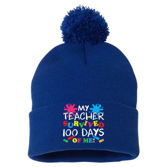 My Teacher Survived 100 Days Of Me Happy 100th Day School Gift Pom Pom 12in Knit Beanie