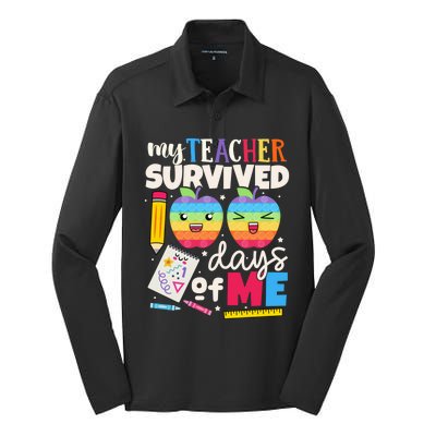 My Teacher Survived 100 Days Of Me In School Funny Students Gift Silk Touch Performance Long Sleeve Polo