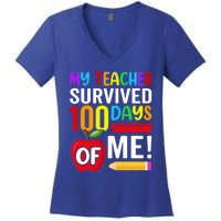 My Teacher Survived 100 Days Of Me Funny Kindergarten Gift Women's V-Neck T-Shirt