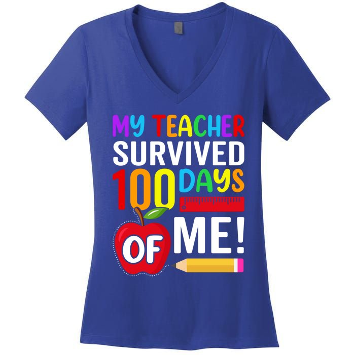 My Teacher Survived 100 Days Of Me Funny Kindergarten Gift Women's V-Neck T-Shirt