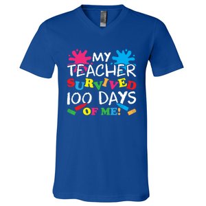 My Teacher Survived 100 Days Of Me Happy 100th Day School Gift V-Neck T-Shirt